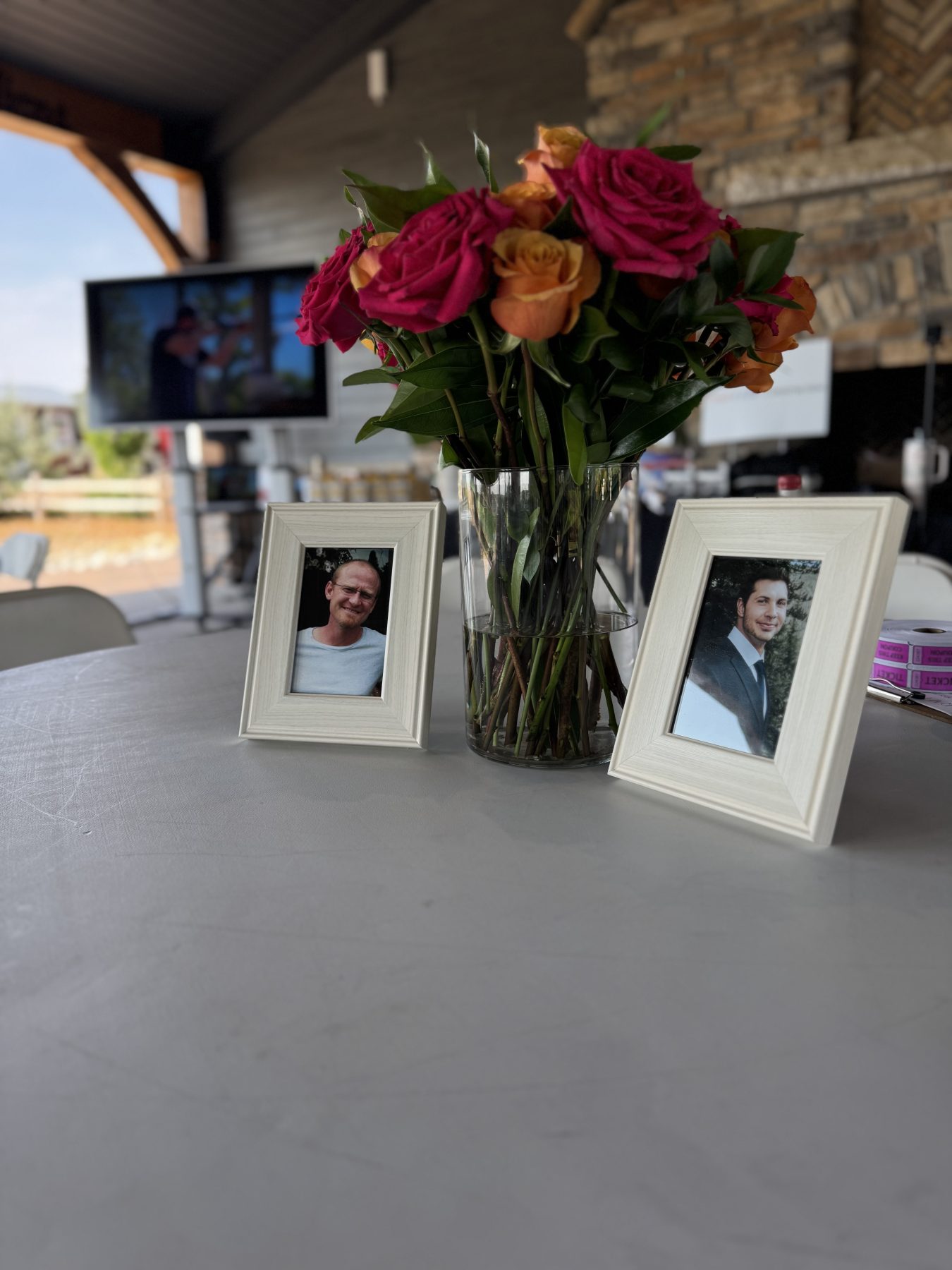 flowers and framed photos